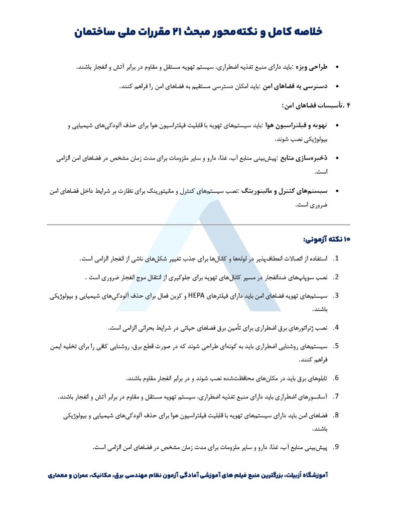 خلاصه مبحث بیست و یکم + نکات مهم و صفحات مهم مبحث ۲۱