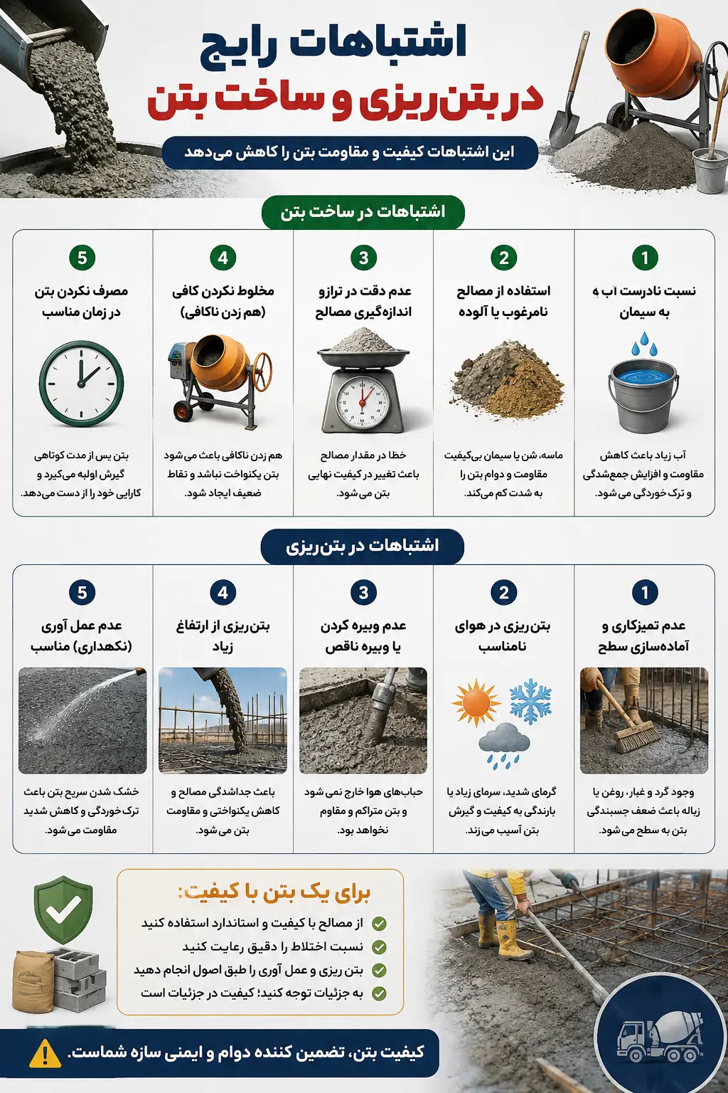 اضافه کردن آب به بتن در کارگاه یکی از اشتباهات رایج در عمران و ساختمان سازی است